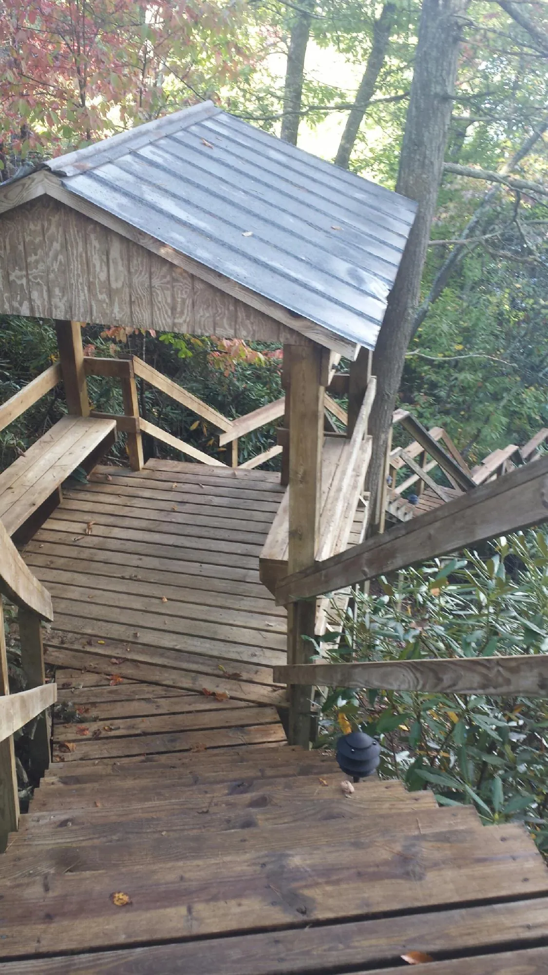 Metal roofed shelter over wooden steps on a wooded walkway — Skylight Repair & Installation work by our crew in Reubens